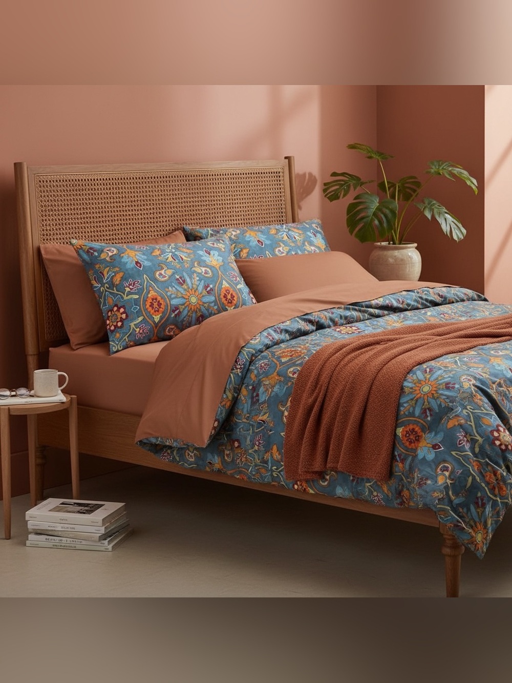 NEW Anthro Blue Damask Boho Queen King Egyptian Cotton Bedding Duvet & Sham Set - Picture 2 of 13